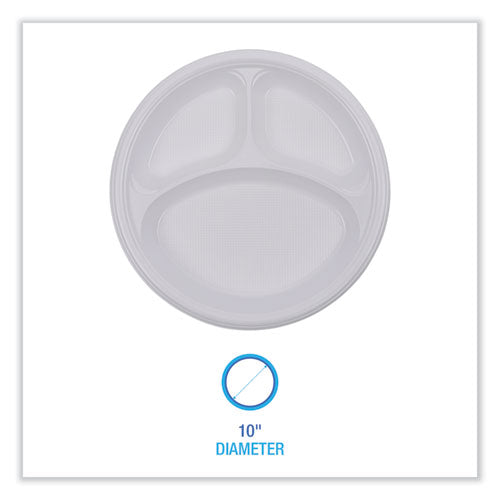 Image of Boardwalk® Hi-Impact Plastic Dinnerware, 3-Compartment Plate, 10" dia, White, 500/Carton