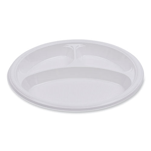 Image of Boardwalk® Hi-Impact Plastic Dinnerware, 3-Compartment Plate, 10" dia, White, 500/Carton