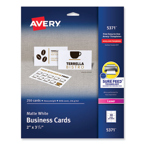 Image of Avery® Printable Microperforated Business Cards W/sure Feed Technology, Laser, 2 X 3.5, White, 250 Cards, 10/sheet, 25 Sheets/pack