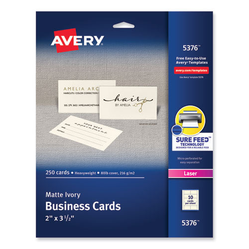 Image of Avery® Printable Microperforated Business Cards W/sure Feed Technology, Laser, 2 X 3.5, Ivory, 250 Cards, 10/sheet, 25 Sheets/pack
