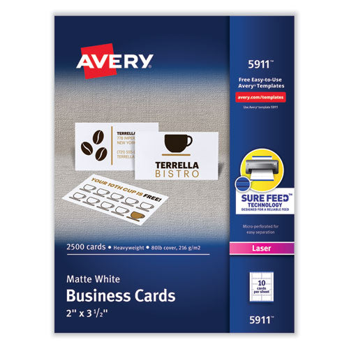Image of Avery® Printable Microperforated Business Cards W/sure Feed Technology, Laser, 2 X 3.5, White, 2,500 Cards, 10/sheet, 250 Sheets/box