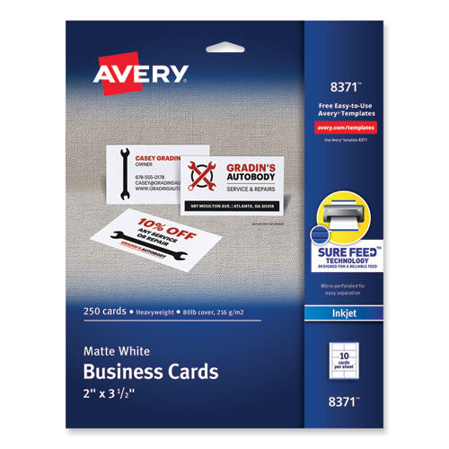 Image of Avery® Printable Microperforated Business Cards w/Sure Feed Technology, Inkjet, 2 x 3.5, White, 250 Cards, 10/Sheet, 25 Sheets/Pack