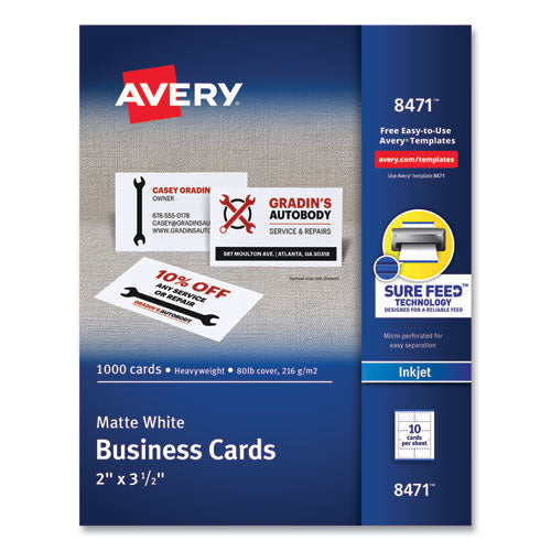 Image of Avery® Printable Microperforated Business Cards W/sure Feed Technology, Inkjet, 2 X 3.5, White, 1,000 Cards, 10/sheet, 100 Sheets/bx