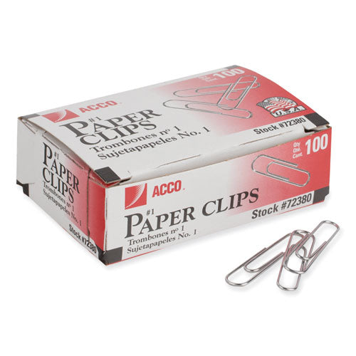 Image of ACCO Paper Clips, #1, Smooth, Silver, 100 Clips/Box, 10 Boxes/Pack