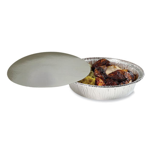 Image of Boardwalk® Round Aluminum To-Go Container Lids, Flat Lid, 9" Diameter, Silver, Paper, 500/Carton