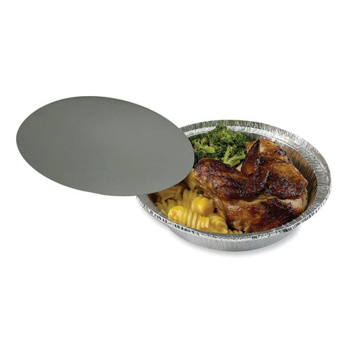 Image of Boardwalk® Round Aluminum To-Go Container Lids, Flat Lid, 7" Diameter, Silver, Paper, 500/Carton