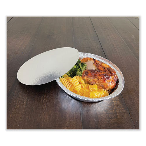 Image of Boardwalk® Round Aluminum To-Go Container Lids, Flat Lid, 7" Diameter, Silver, Paper, 500/Carton
