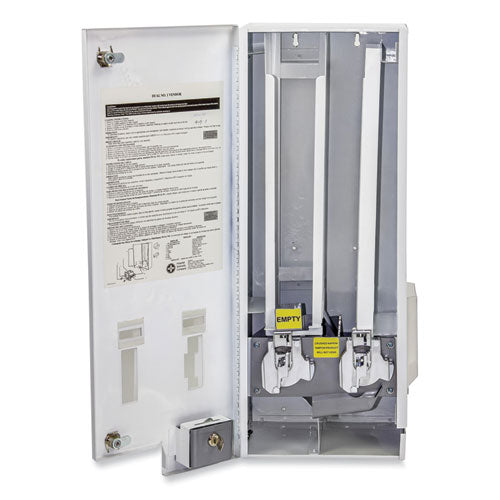 Image of HOSPECO® Dual Sanitary Napkin/Tampon Dispenser, 25 Cent Coin Mechanism, 11.13 x 7.63 x 26.38, White/Blue