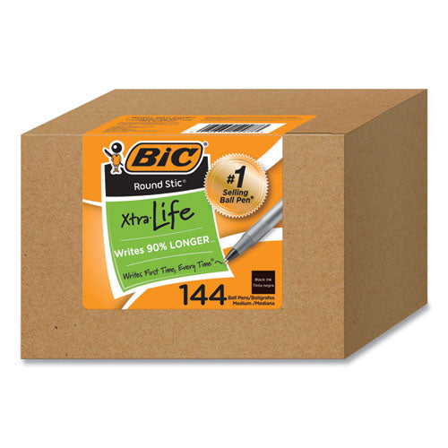 Image of BIC® Round Stic Xtra Life Ballpoint Pen, Stick, Medium 1 mm, Black Ink, Translucent Black Barrel, 144/Pack