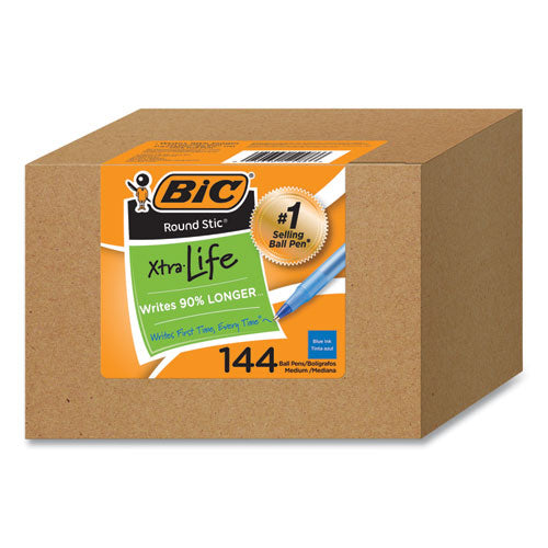 Image of BIC® Round Stic Xtra Life Ballpoint Pen, Stick, Medium 1 mm, Blue Ink, Translucent Blue Barrel, 144/Pack