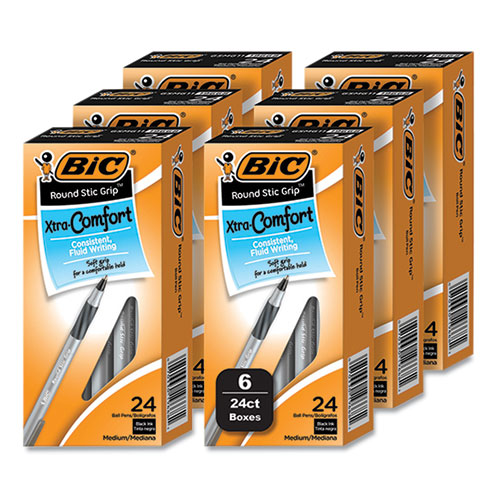 Image of BIC® Round Stic Grip Xtra Comfort Ballpoint Pen, Stick, Medium 1 mm, Black Ink, Gray/Black Barrel, 144/Pack