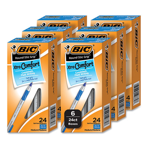 Image of BIC® Round Stic Grip Xtra Comfort Ballpoint Pen, Stick, Medium 1 mm, Blue Ink, Gray/Blue Barrel, 144/Pack
