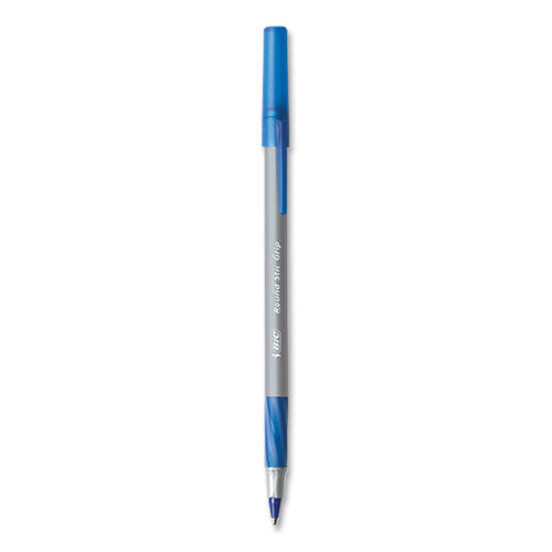 Image of BIC® Round Stic Grip Xtra Comfort Ballpoint Pen, Stick, Medium 1 mm, Blue Ink, Gray/Blue Barrel, 144/Pack