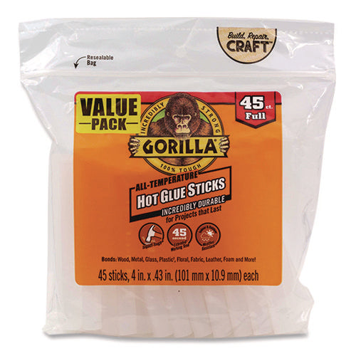 Image of Gorilla® Hot Glue Sticks, 0.43" Dia X 4", Dries Clear, 45/pack