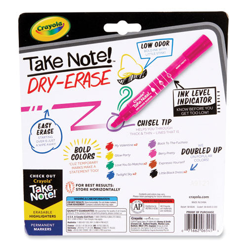 Image of Crayola® Take Note Dry-Erase Markers, Broad, Chisel Tip, Assorted, 12/Pack