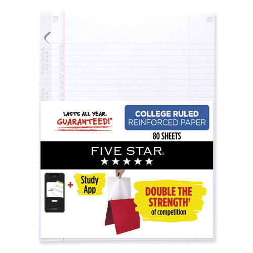 Image of Five Star® Reinforced Filler Paper Plus Study App, 3-Hole, 8.5 x 11, College Rule, 80/Pack