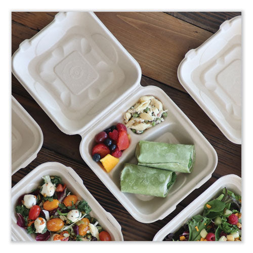 Image of World Centric® Fiber Hinged Containers, 3 Compartments, 8.8 x 8.2 x 2.9, Natural, Paper, 300/Carton