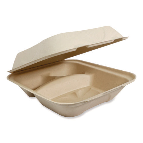 Image of World Centric® Fiber Hinged Containers, 3 Compartments, 8.8 x 8.2 x 2.9, Natural, Paper, 300/Carton