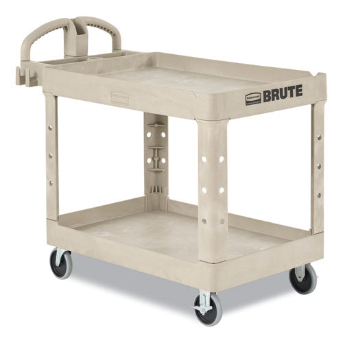 Image of Rubbermaid® Commercial BRUTE Heavy-Duty Utility Cart with Lipped Shelves, Plastic, 2 Shelves, 500 lb Capacity, 17.13" x 38.5" x 38.88", Beige