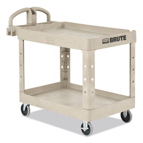 Image of Rubbermaid® Commercial BRUTE Heavy-Duty Utility Cart with Lipped Shelves, Plastic, 2 Shelves, 500 lb Capacity, 25.9" x 45.2" x 32.2", Beige