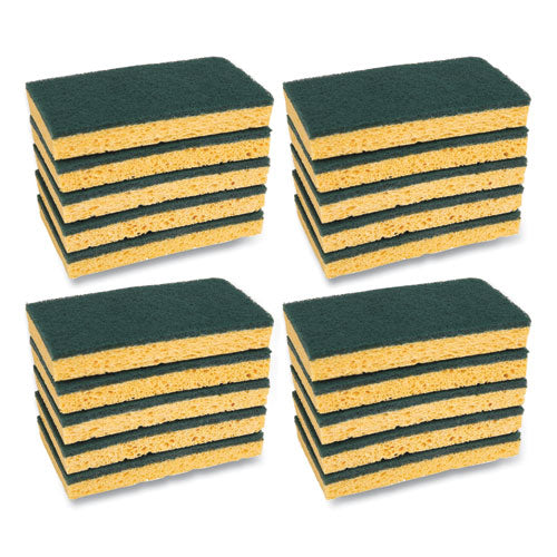 Image of Boardwalk® Medium-Duty Scrubbing Sponge, Individually Wrapped, 3.6 x 6.1, 0.75" Thick, Yellow/Green, 20/Carton