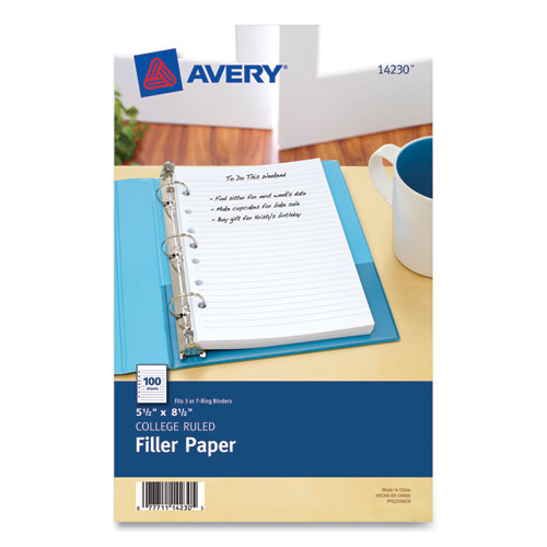 Image of Avery® Mini Size Binder Filler Paper, 7-Hole Side Punched, 5.5 x 8.5, College Rule, 100/Pack