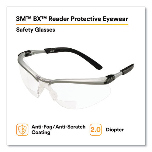Image of 3M BX Molded-In Diopter Safety Glasses, 2.0+ Diopter Strength, Silver/Black Frame, Clear Lens