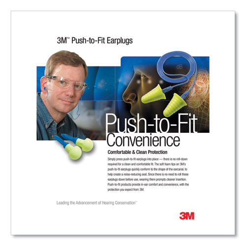 Image of 3M E-A-R Push-Ins Single-Use Earplugs, Metal Detectable, Corded, 28 dB NRR, Blue/Yellow, 200 Pairs