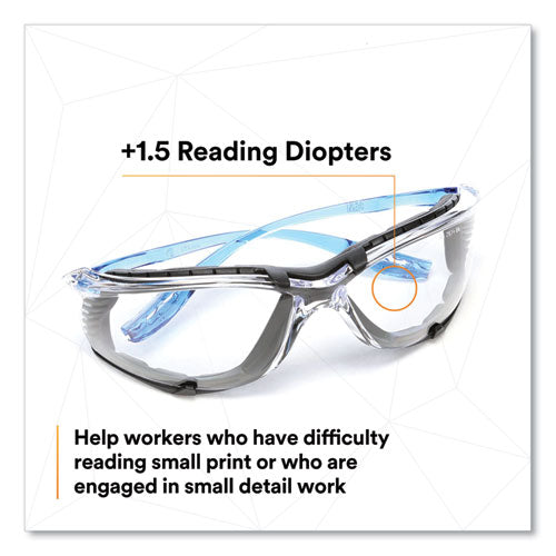 Image of 3M CCS Protective Eyewear with Foam Gasket, +1.5 Diopter Strength, Blue Plastic Frame, Clear Polycarbonate Lens
