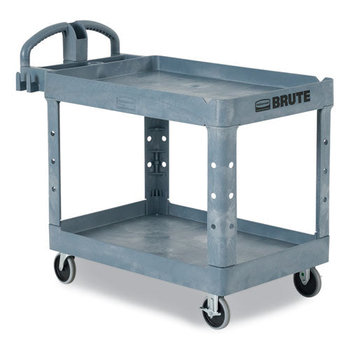 Image of Rubbermaid® Commercial BRUTE Heavy-Duty Ergo Handle Utility Cart, Plastic, Two Shelves, 500 lb Capacity, 25.5" x 44" x 39", Gray