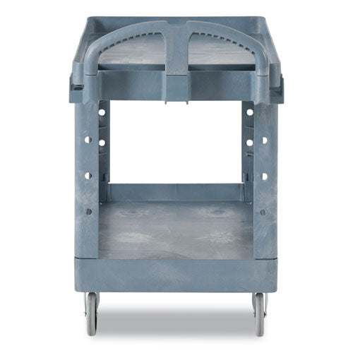 Image of Rubbermaid® Commercial BRUTE Heavy-Duty Ergo Handle Utility Cart, Plastic, 2 Shelves, 750 lb Capacity, 26" x 55" x 33.25", Gray