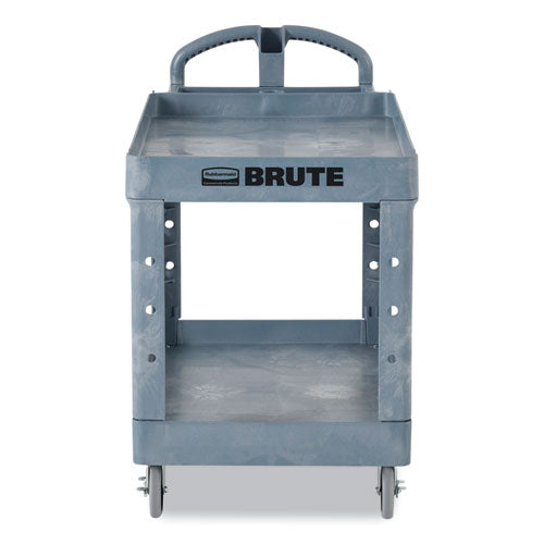 Image of Rubbermaid® Commercial BRUTE Heavy-Duty Ergo Handle Utility Cart, Plastic, Two Shelves, 500 lb Capacity, 25.5" x 44" x 39", Gray
