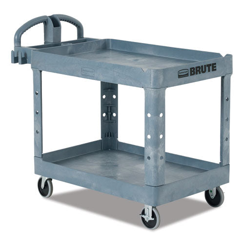 Image of Rubbermaid® Commercial BRUTE Heavy-Duty Ergo Handle Utility Cart, Plastic, 2 Shelves, 750 lb Capacity, 26" x 55" x 33.25", Gray