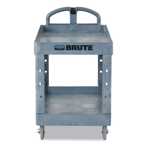 Image of Rubbermaid® Commercial BRUTE Heavy-Duty Ergo Handle Utility Cart, Plastic, 2 Shelves, 750 lb Capacity, 26" x 55" x 33.25", Gray