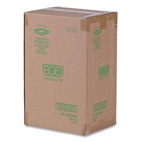 Image of Eco-Products® Vanguard Worldview Renewable and Compostable Sugarcane Take-Out Containers, 47 oz, 9 x 9 x 1.5, White, 200/Carton