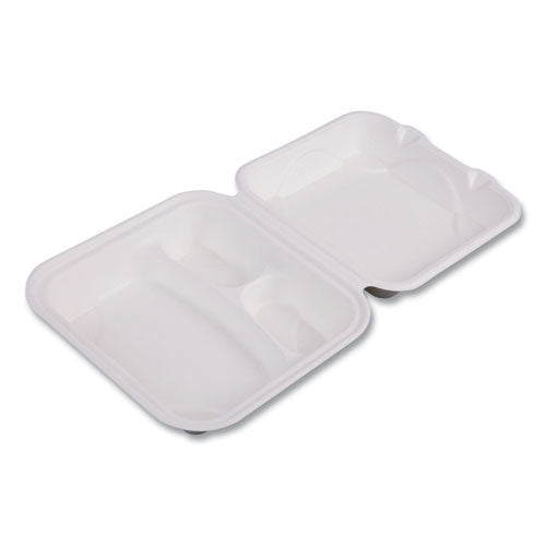 Image of Eco-Products® Vanguard Renewable and Compostable Sugarcane Clamshells, 3 Compartments, 8 x 8 x 3, White, 200/Carton