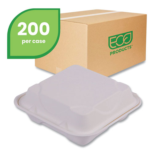 Image of Eco-Products® Vanguard Renewable and Compostable Sugarcane Clamshells, 3 Compartments, 8 x 8 x 3, White, 200/Carton