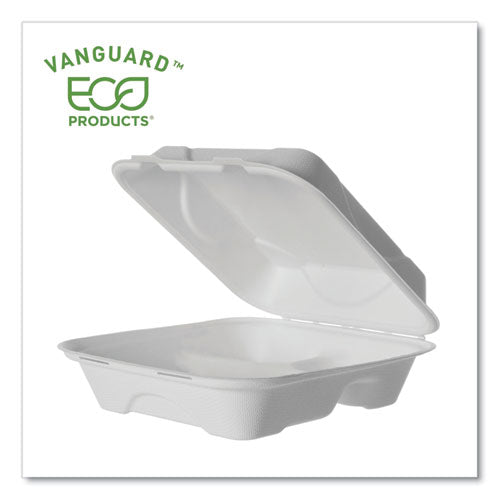 Image of Eco-Products® Vanguard Renewable and Compostable Sugarcane Clamshells, 3 Compartments, 8 x 8 x 3, White, 200/Carton
