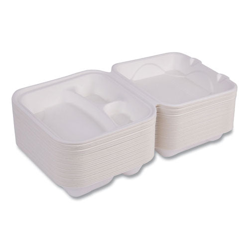 Image of Eco-Products® Vanguard Renewable and Compostable Sugarcane Clamshells, 3 Compartments, 8 x 8 x 3, White, 200/Carton