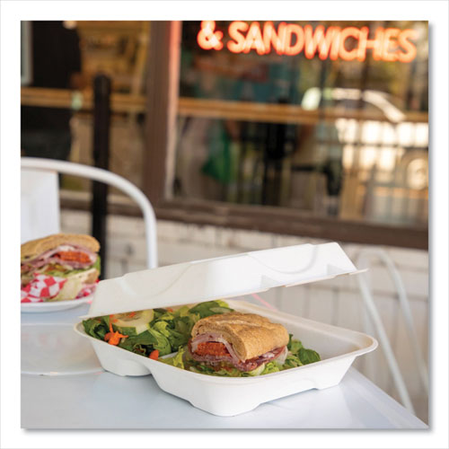 Image of Eco-Products® Vanguard Renewable and Compostable Sugarcane Clamshells, 3 Compartments, 8 x 8 x 3, White, 200/Carton