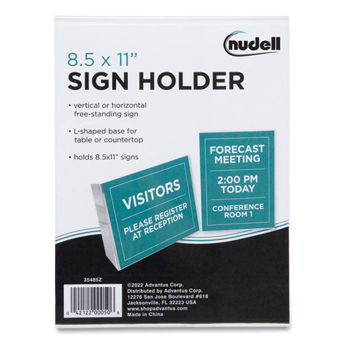 Image of NuDell Clear Plastic Slanted L-Shaped Countertop Sign Holder, Side-Load, Horizontal/Vertical Orientation, 8.5 x 11 Insert