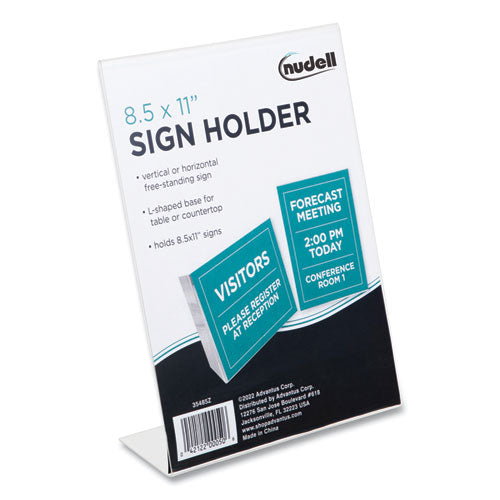 Image of NuDell Clear Plastic Slanted L-Shaped Countertop Sign Holder, Side-Load, Horizontal/Vertical Orientation, 8.5 x 11 Insert