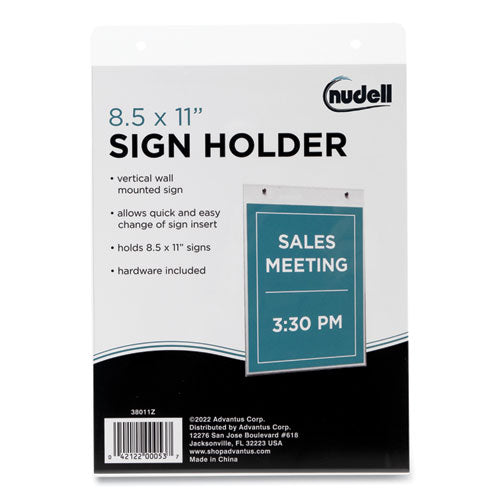 Image of NuDell Clear Plastic Vertical-Orientation Wall Sign Holder with Mounting Screws, Quick-Change Insert System, 8.5 x 11 Insert