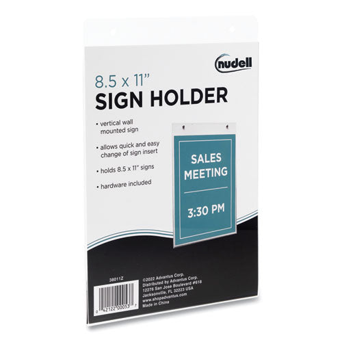Image of NuDell Clear Plastic Vertical-Orientation Wall Sign Holder with Mounting Screws, Quick-Change Insert System, 8.5 x 11 Insert
