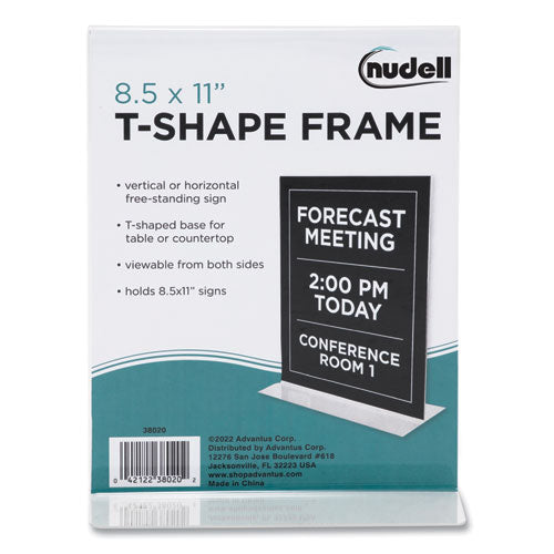 Image of NuDell Clear Plastic T-Shaped Countertop Sign Holder, Two-Sided, Bottom-Load, Horizontal/Vertical Orientation, 8.5 x 11 Insert