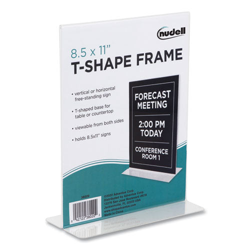 Image of NuDell Clear Plastic T-Shaped Countertop Sign Holder, Two-Sided, Bottom-Load, Horizontal/Vertical Orientation, 8.5 x 11 Insert