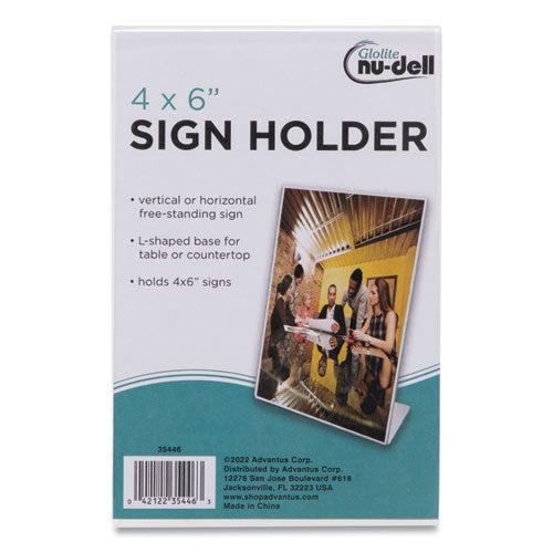 Image of NuDell Clear Plastic Slanted L-Shaped Countertop Sign Holder, Side-Load, Horizontal/Vertical Orientation, 4 x 6 Insert