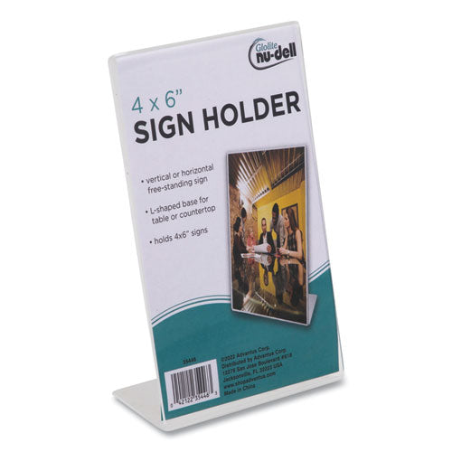 Image of NuDell Clear Plastic Slanted L-Shaped Countertop Sign Holder, Side-Load, Horizontal/Vertical Orientation, 4 x 6 Insert