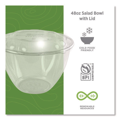 Image of Eco-Products® Renewable and Compostable Salad Bowls with Lids, 48 oz, Clear, Plastic, 150/Carton