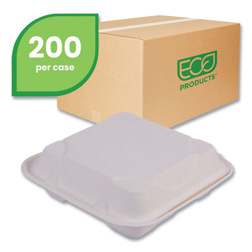 Image of Eco-Products® Vanguard Renewable and Compostable Sugarcane Clamshells, 3 Compartments, 9 x 9 x 3, White, 200/Carton
